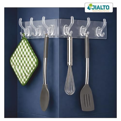 JIALTO 6-in-1 Self Adhesive Wall Hooks for Hanging Clothes – Heavy Duty Waterproof Transparent No Drill Wall Hooks for Bathroom, Kitchen & Bedroom – Multipurpose Cloth, Towel & Key Holder (1 Pc) - Image 3