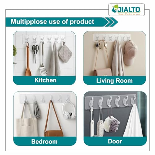 JIALTO 6-in-1 Self Adhesive Wall Hooks for Hanging Clothes – Heavy Duty Waterproof Transparent No Drill Wall Hooks for Bathroom, Kitchen & Bedroom – Multipurpose Cloth, Towel & Key Holder (1 Pc) - Image 5