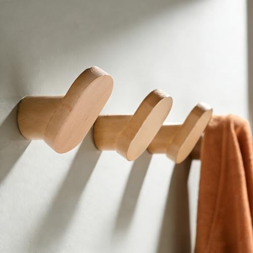 DELITON Coat Hooks for Hanging Heavy Duty - 4 Pack Wooden Wooden Hooks Modern Minimalist, Natural Wood Hooks for Hanging Hat, Towel, Robe, Bag, Suitable for Bathroom Bedroom Entryway - Image 1