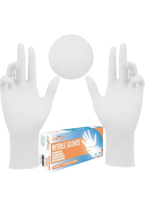 قفازات Zalcoon Nitrile Exam، بيضاء، خالية من البودرة، خالية من اللاتكس، مثالية للمطاعم والصالونات والمطبخ والتنظيف وإعداد الطعام (عبوة واحدة × 100 قطعة)