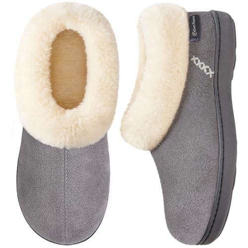 EverFoams Women's Microsuede Cozy Memory Foam Winter Slippers with Fuzzy Faux Fur Collar and Indoor Outdoor Rubber Sole (Gray, Size 11-12 M US) - Image 1