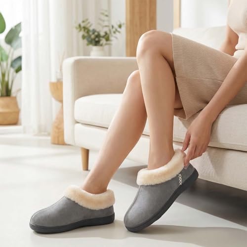 EverFoams Women's Microsuede Cozy Memory Foam Winter Slippers with Fuzzy Faux Fur Collar and Indoor Outdoor Rubber Sole (Gray, Size 11-12 M US) - Image 2