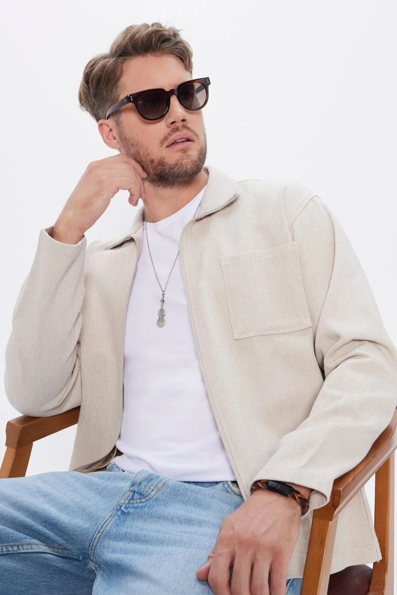Tudors Unisex Relax Fit Casual Cut Zippered Pocket Winter Stone Color Stand Collar Jacket Shirt