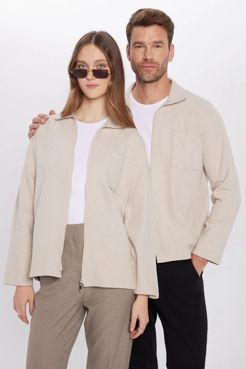 Tudors Unisex Relax Fit Casual Cut Zippered Pocket Winter Stone Color Stand Collar Jacket Shirt