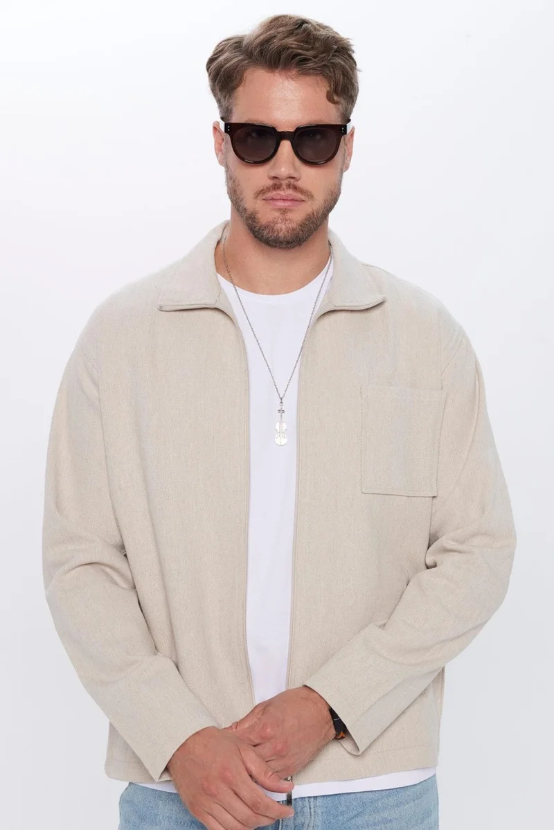 Tudors Unisex Relax Fit Casual Cut Zippered Pocket Winter Stone Color Stand Collar Jacket Shirt
