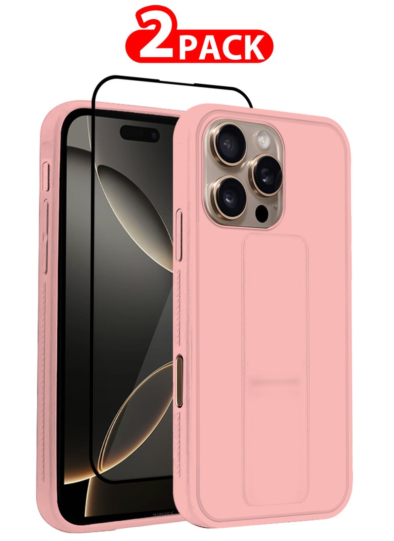 CATANES - (for Apple iPhone 16 Pro) 2Packs , Case Cover PU Leather Back Cover with Stand Function and Finger Grip, Shockproof Screen Protector / Pink - Image 1