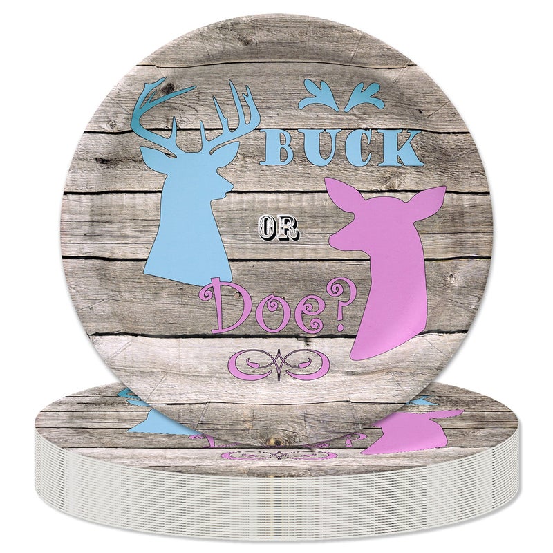 Buck or Doe 9 Plates 24 Pcs Round Paper Plates Gender Reveal Collection Party Supplies by Havercamp