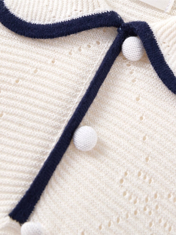 بالابالا بلوزة محبوكة بأكمام قصيرة - خامة بنسيج منقوش مع تفاصيل خطوط متباينة على الحواف للبنات - Image 3