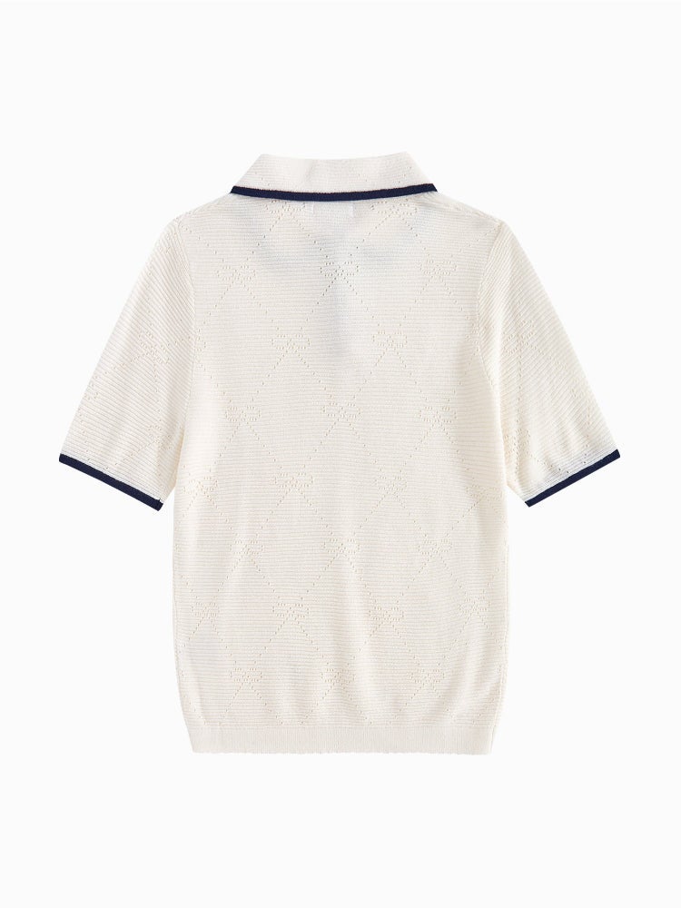 بالابالا بلوزة محبوكة بأكمام قصيرة - خامة بنسيج منقوش مع تفاصيل خطوط متباينة على الحواف للبنات - Image 2