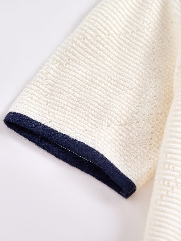 بالابالا بلوزة محبوكة بأكمام قصيرة - خامة بنسيج منقوش مع تفاصيل خطوط متباينة على الحواف للبنات - Image 4