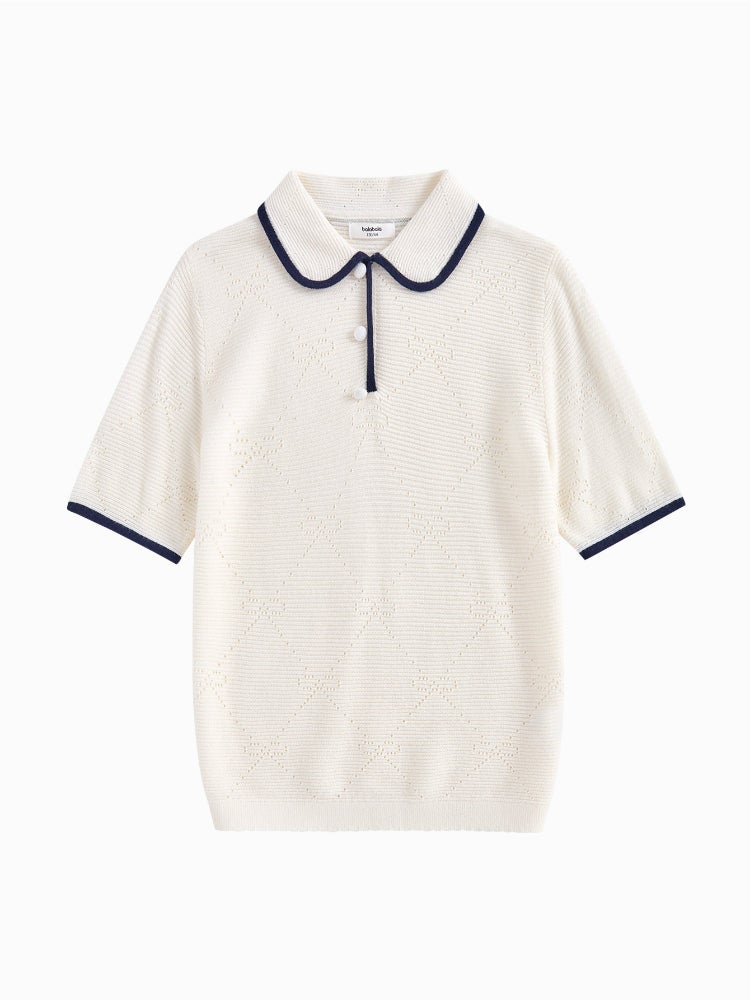 بالابالا بلوزة محبوكة بأكمام قصيرة - خامة بنسيج منقوش مع تفاصيل خطوط متباينة على الحواف للبنات - Image 1