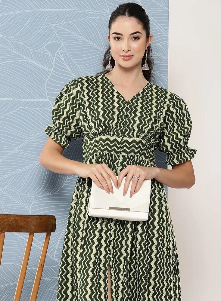 IndHeritage Premium Dress - Latest collection - Pure cotton dark green & cream colour mid calf length dress - Zig zag chevron prints with V neck - Stylish trending Indo Western Dress - Image 1
