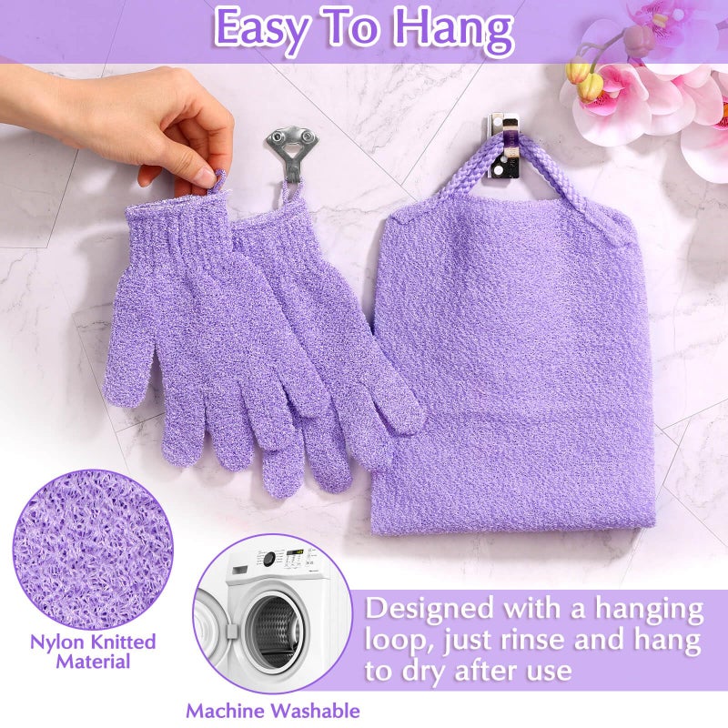 Anezus Exfoliating Back Scrubber Bath Gloves Set, Exfoliating Shower Towel with Shower Gloves for Body Scrub, Back Cleaner Wash Gloves to Remove Dead Skin (Purple) - Image 5