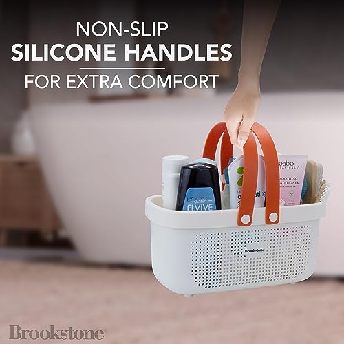 Brookstone BKH1635, Large Portable Shower Caddy with Soft Silicone Carrying Handle, Bathroom Organizer Basket, Plastic Bath Tote, Dries Quickly with Drainage Holes [BPA Free], White - Image 2