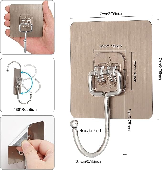 Zollyss Large Plastic Adhesive Hooks Heavy Duty Waterproof Wall Hooks for Towels Coats Kitchen Bathroom Home Office Stainless Steel Hangers No Drill Reusable Strong 5kg Sticky Hooks (Pack of 15) - Image 3