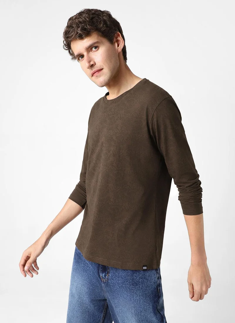 Urbano Fashion Men's Chicory Coffee Printed Full Sleeve Slim Fit Cotton T-Shirt