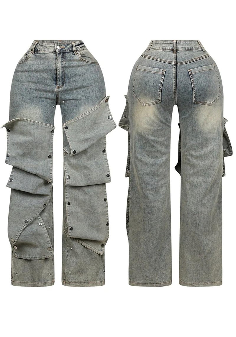 NRTHYE Women Cargo Jeans High Waisted Straight Wide Leg Jeans Pants Button Detachable Denim Cargo Trousers - Image 5