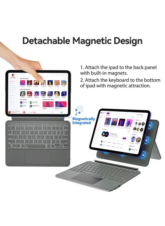 أوسدوم حافظة لمس لجهاز iPad الجيل العاشر مع لوحة مفاتيح (10.9 بوصة، 2022) وiPad 11 (A16، 2025): حافظة بحامل مغناطيسي منفصل، ولوحة تتبع متعددة اللمس، ولوحة مفاتيح لاسلكية قابلة لإعادة الشحن مع مفاتيح بإضاءة خلفية، باللون الرمادي  - Image 2