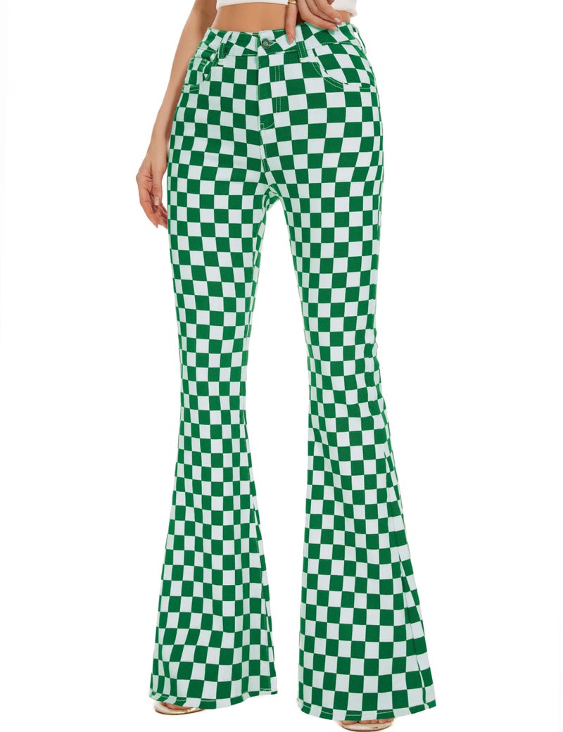 Odefou Checkered Flare Jeans for Women High Waisted Bell Bottoms Stretch Bootcut Plaid Pants St Patricks Gifts(Green White Plaid,6) - Image 3
