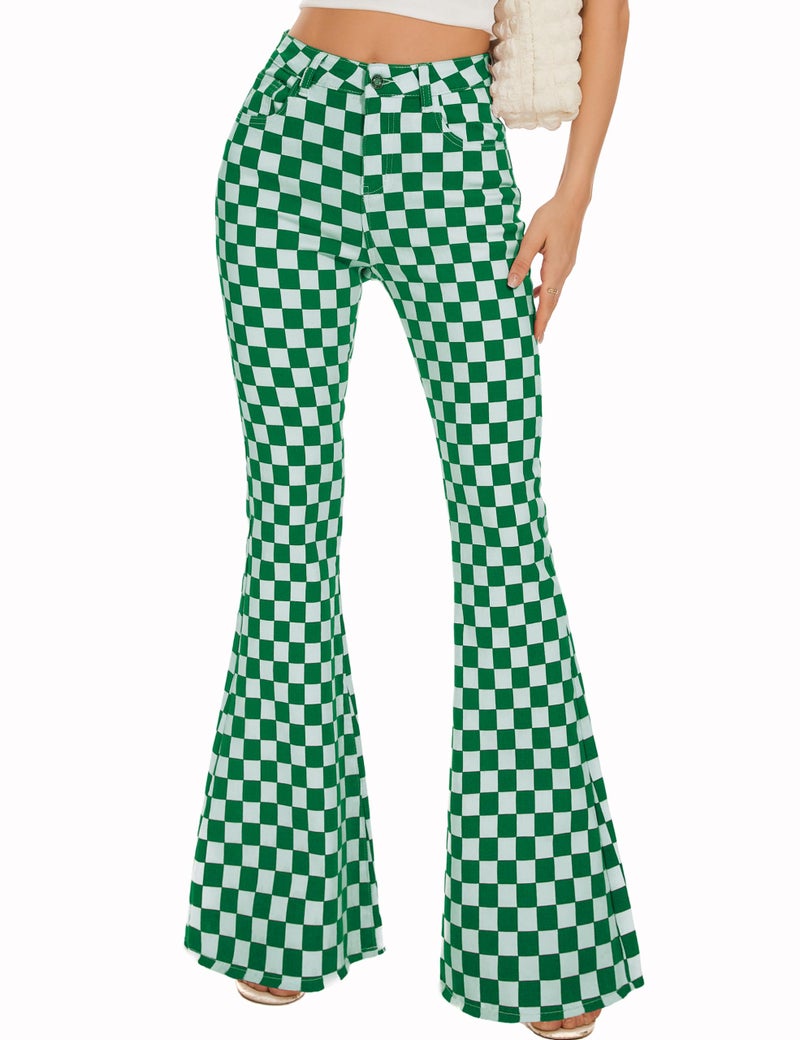 Odefou Checkered Flare Jeans for Women High Waisted Bell Bottoms Stretch Bootcut Plaid Pants St Patricks Gifts(Green White Plaid,6) - Image 1