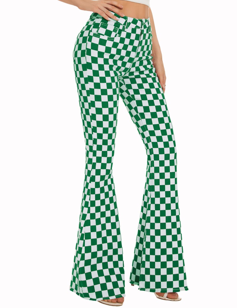 Odefou Checkered Flare Jeans for Women High Waisted Bell Bottoms Stretch Bootcut Plaid Pants St Patricks Gifts(Green White Plaid,6) - Image 2
