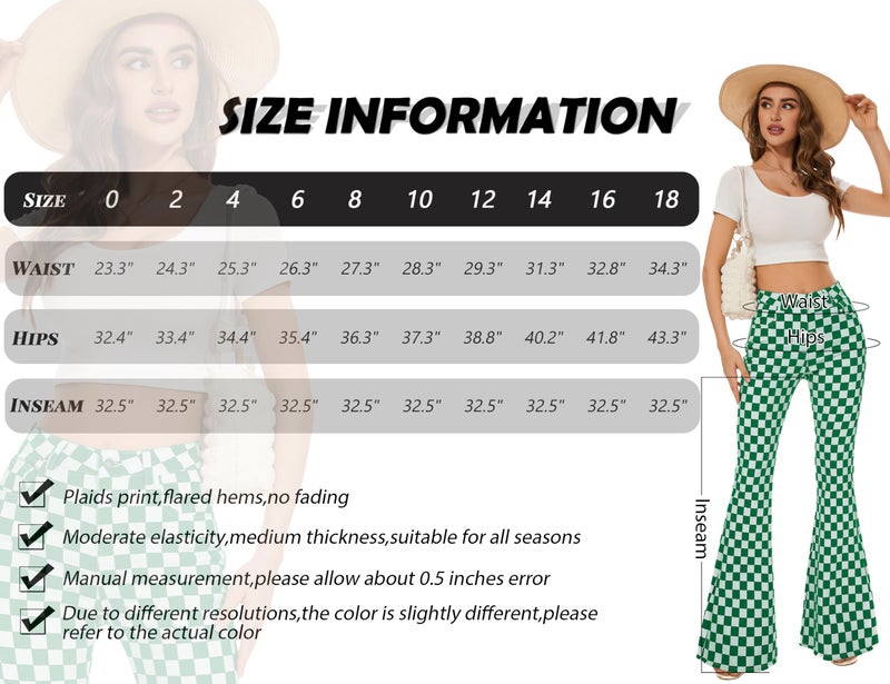Odefou Checkered Flare Jeans for Women High Waisted Bell Bottoms Stretch Bootcut Plaid Pants St Patricks Gifts(Green White Plaid,6) - Image 5