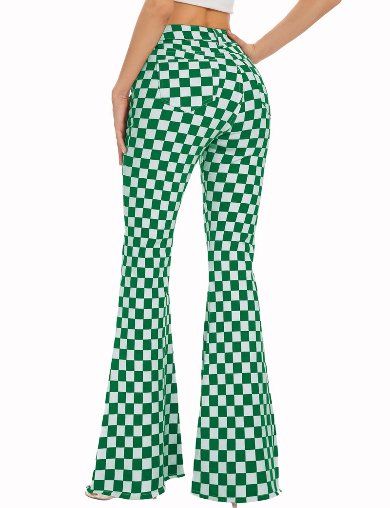 Odefou Checkered Flare Jeans for Women High Waisted Bell Bottoms Stretch Bootcut Plaid Pants St Patricks Gifts(Green White Plaid,6) - Image 4