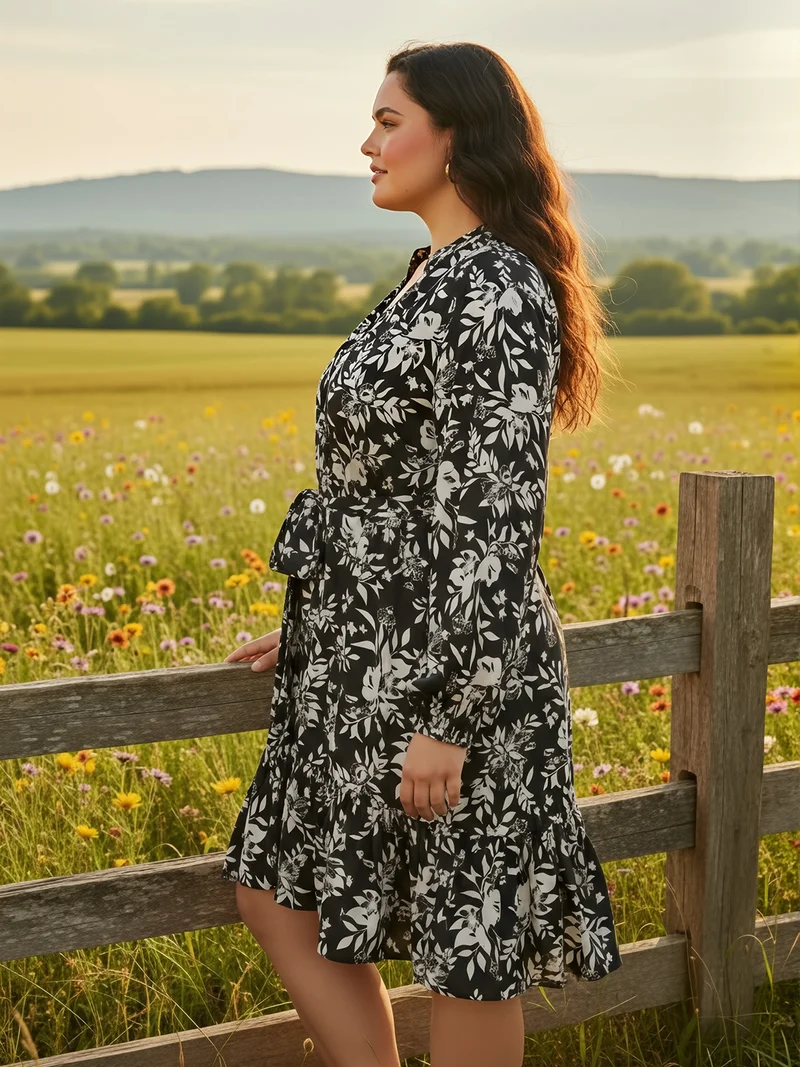 جلو باص فستان قميص نسائي أسود بياقة ماندرين وأكمام أسقفية بطبعة زهور وطبقات مكشكشة مقاس كبير مع حزام