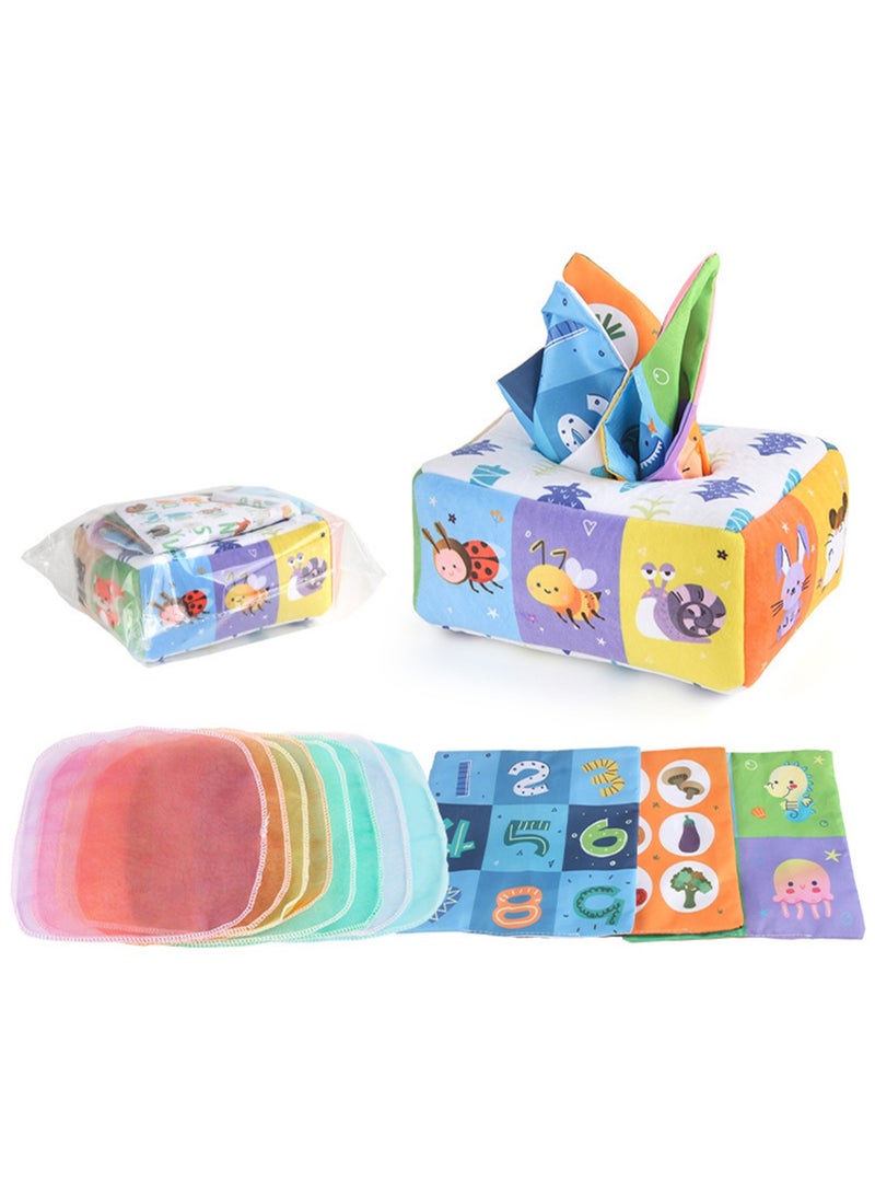 Baby Early Education Cloth Book Tissue Box Sound Paper Square Towel Cognitive Animal English Tear-resistant Children's Cloth Book Toy, 3 Square Towels + 8 Silk Scarves (Animal model)  - Image 1