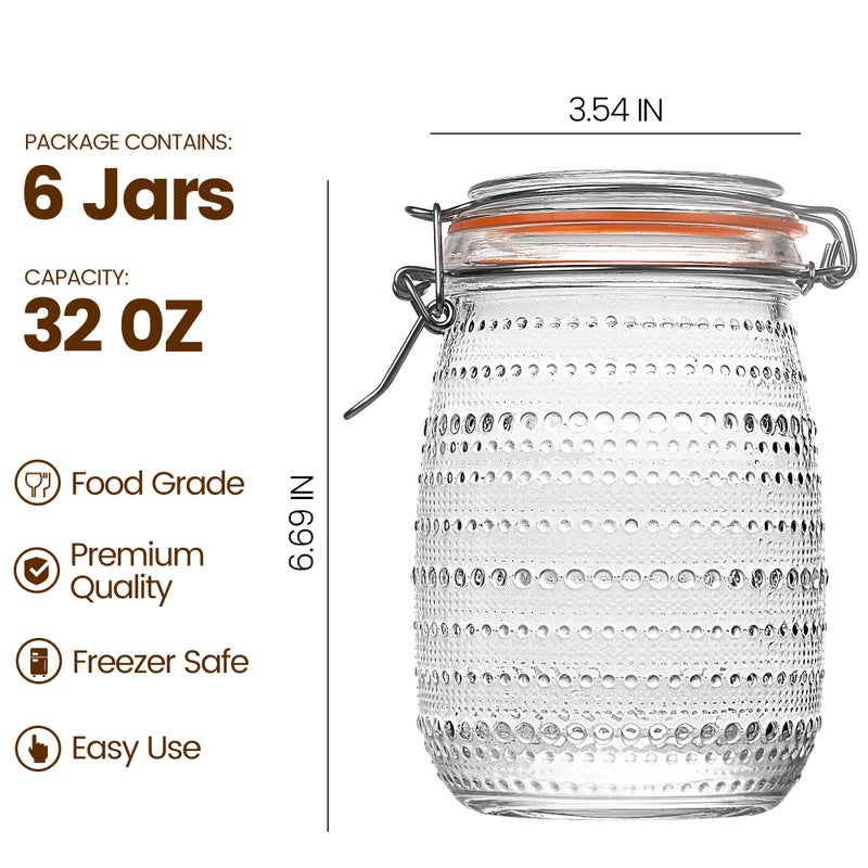 WACOI 32 Oz Glass Mason Jars with Airtight Lids 6 Pack, Wide Mouth Canning Jars with Clip Top Lids for Kitchen Storage Pickling Salad Jams Coffee Beans - Image 2