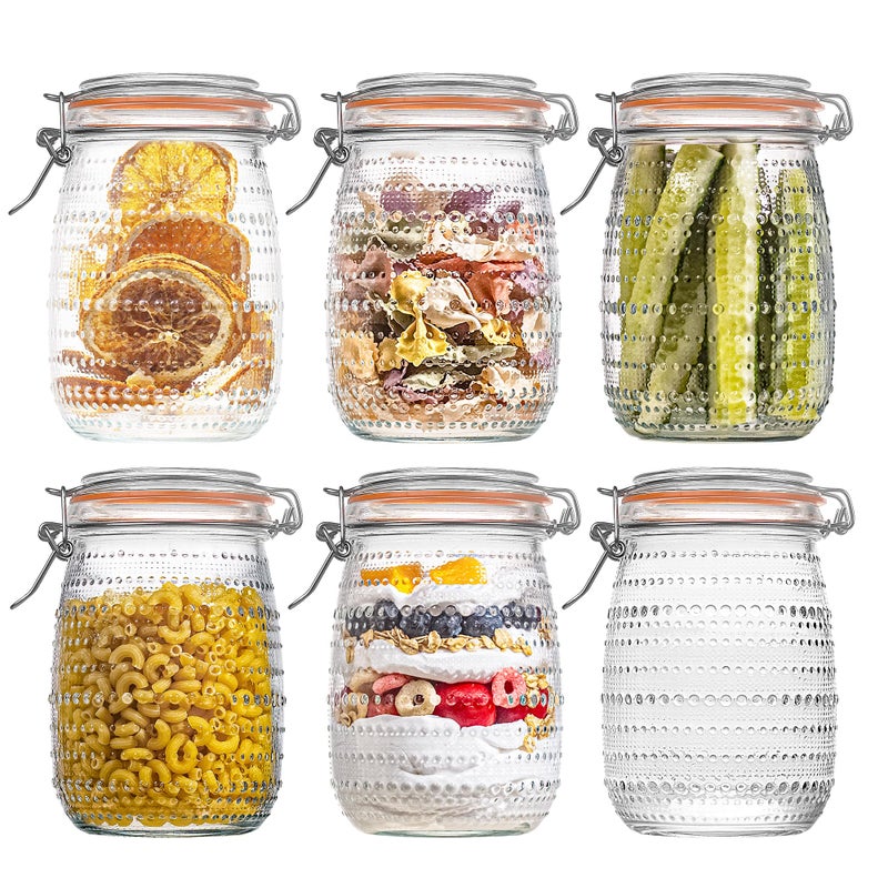 WACOI 32 Oz Glass Mason Jars with Airtight Lids 6 Pack, Wide Mouth Canning Jars with Clip Top Lids for Kitchen Storage Pickling Salad Jams Coffee Beans - Image 1