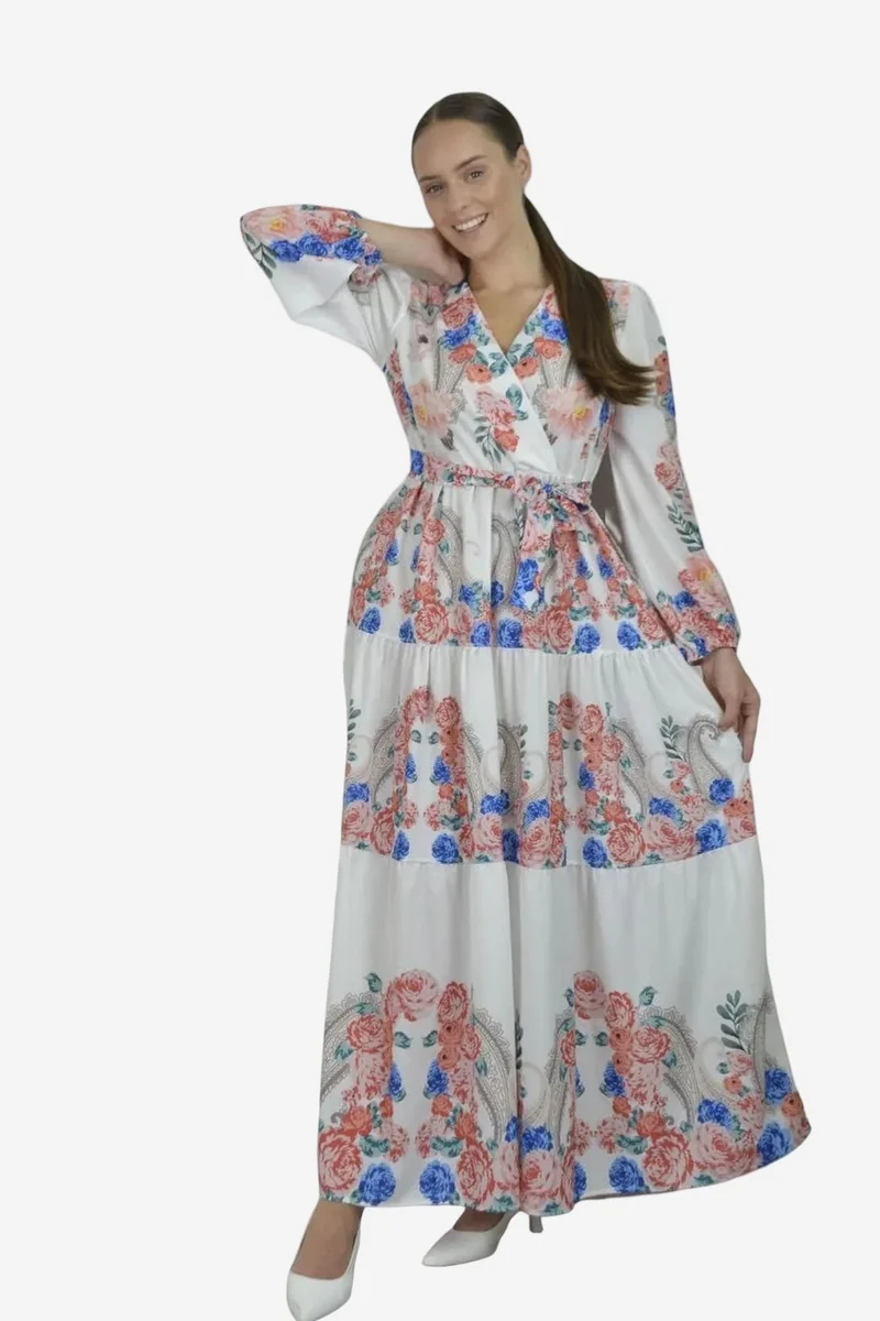 جينيفر Floral V-Neck Maxi Dress with Tie Detail
