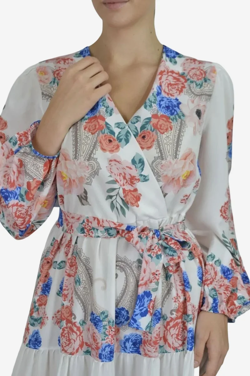 جينيفر Floral V-Neck Maxi Dress with Tie Detail