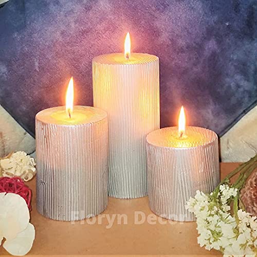 Floryn Decor Rustic Silver Metallic Pillar Candles for Home Decor | Dripless Candles | Silver Pillar Candles Set of 3 (Size- 3by6,3by4, 3,3 inches) (Burning Time- 30 to 90 Hours) - Image 2