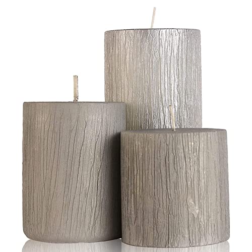 Floryn Decor Rustic Silver Metallic Pillar Candles for Home Decor | Dripless Candles | Silver Pillar Candles Set of 3 (Size- 3by6,3by4, 3,3 inches) (Burning Time- 30 to 90 Hours) - Image 1