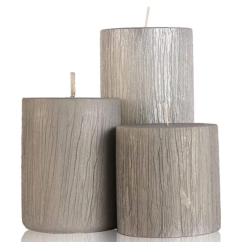 Floryn Decor Rustic Silver Metallic Pillar Candles for Home Decor | Dripless Candles | Silver Pillar Candles Set of 3 (Size- 3by6,3by4, 3,3 inches) (Burning Time- 30 to 90 Hours) - Image 5