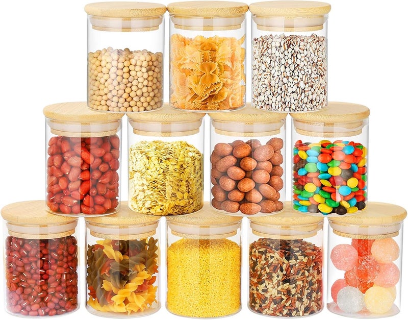 Encheng glass jars with wooden lid glass jar set food storage containers Borosilicate glass jar Dry food storage JAR(Round BAMBOO LID GLASS JAR 220ml, set of -12) - Image 1