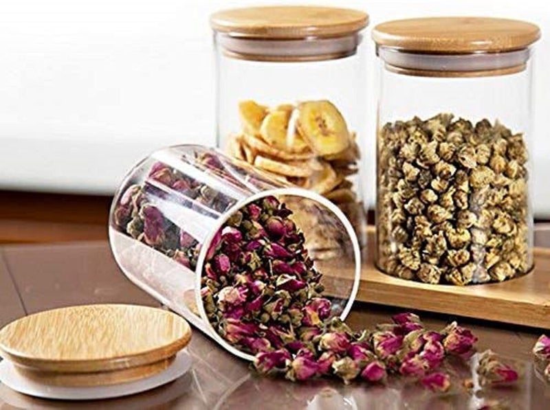 Encheng glass jars with wooden lid glass jar set food storage containers Borosilicate glass jar Dry food storage JAR(Round BAMBOO LID GLASS JAR 220ml, set of -12) - Image 3