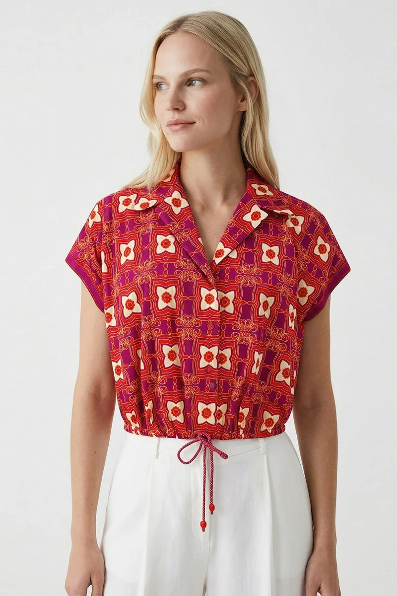 EXQUISE Ribbed Detail Dropped Sleeve Patterned Cotton Short Shirt