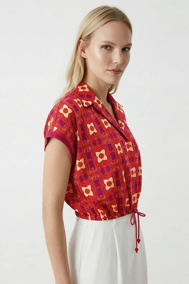 EXQUISE Ribbed Detail Dropped Sleeve Patterned Cotton Short Shirt