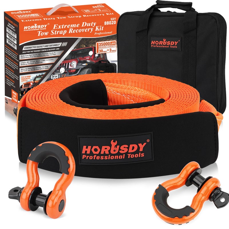HORUSDY Nylon Heavy Duty Tow Strap Recovery Strap with Hooks 3" x 30Ft - 35,000 LBS Break Strength, 3/4 D Ring Shackles (2pcs), Recover Your Vehicle Stuck in Mud/Snow - Image 1