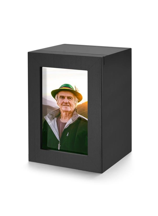 SOITIS Wooden Small Urn for Human Ashes, Cremation Ashes Urns Black with Photo Frame - Mini Memorial Wood Urns Box, Decorative Keepsake Urn for Women Men - Image 1
