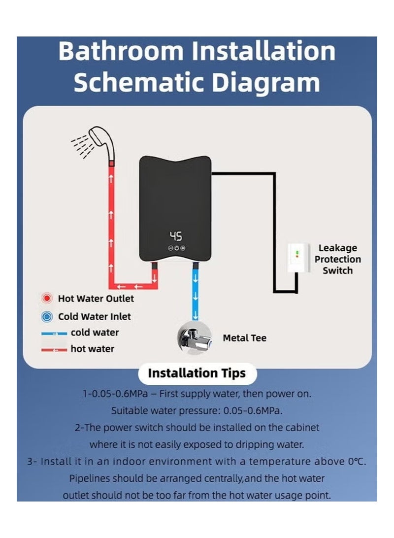 Apustim Electric Instant Water Heater，Shower Electric，5.5KW Mini Electric Tankless Water Heater with LED Temperature Display for Kitchen，Bathroom and Sink Under/Overcounter Instantaneous with Showerhead - Image 4
