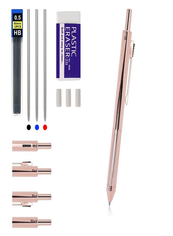 RANBOS 4-in-1 Four-Color Multifunctional Pen, Black/Red/Blue Ballpoint Pen and 0.5mm Mechanical Pencil, Metal Case Pen, Great Gift for Friends, Loved Ones (Rose Gold) - Image 1