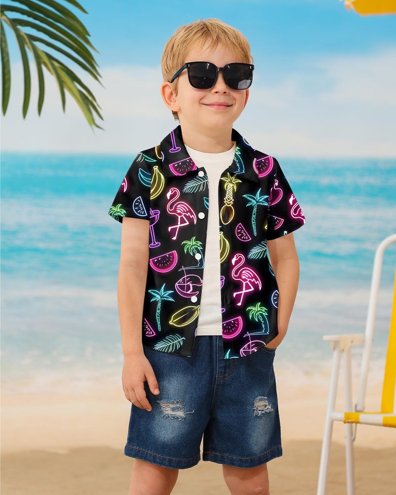 YALLET Boys Hawaiian Shirt Cool Summer Hawaii Shirts Casual Short Sleeve Button Down Aloha Beach Tee Tops (Black, 7-8 Years) - Image 2