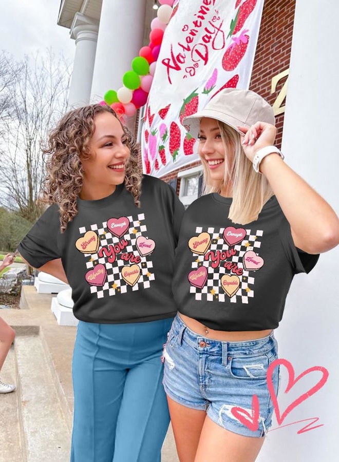 JMHACHY Holiday T-Shirt for Women - Valentine's Day Funny Graphic Tee Crewneck Sleeve Top Print Tops, Pink Checkered Heart, L - Image 5