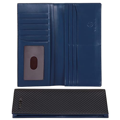 VISOUL Leather Checkbook Cover Wallet for Men with RFID Blocking, Mens Long Bifold Cash Tall Wallet with 11 Credit Card Slots 1 ID Window (Black+Blue) - Image 1