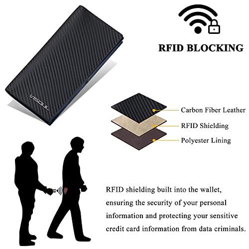 VISOUL Leather Checkbook Cover Wallet for Men with RFID Blocking, Mens Long Bifold Cash Tall Wallet with 11 Credit Card Slots 1 ID Window (Black+Blue) - Image 4