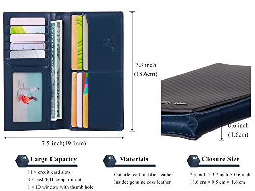 VISOUL Leather Checkbook Cover Wallet for Men with RFID Blocking, Mens Long Bifold Cash Tall Wallet with 11 Credit Card Slots 1 ID Window (Black+Blue) - Image 3