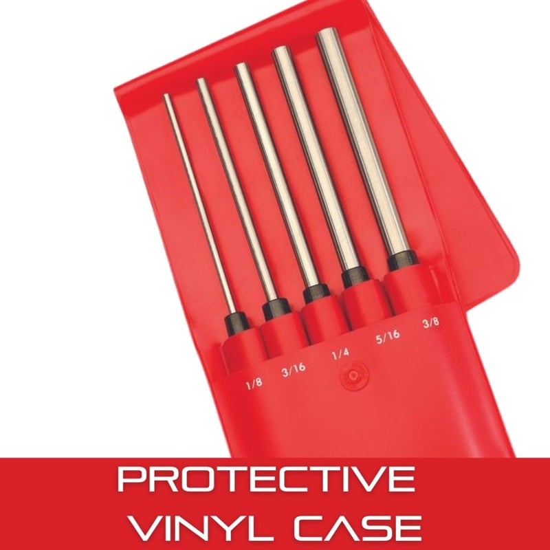 Starrett Extra-Long Drive Pin Punch Set with Knurled Grip and Protective Vinyl Case - 8" Length, 1/8", 3/16", 1/4", 5/16", 3/8" Punch Diameter - Set of 5 - S248PC - Image 5